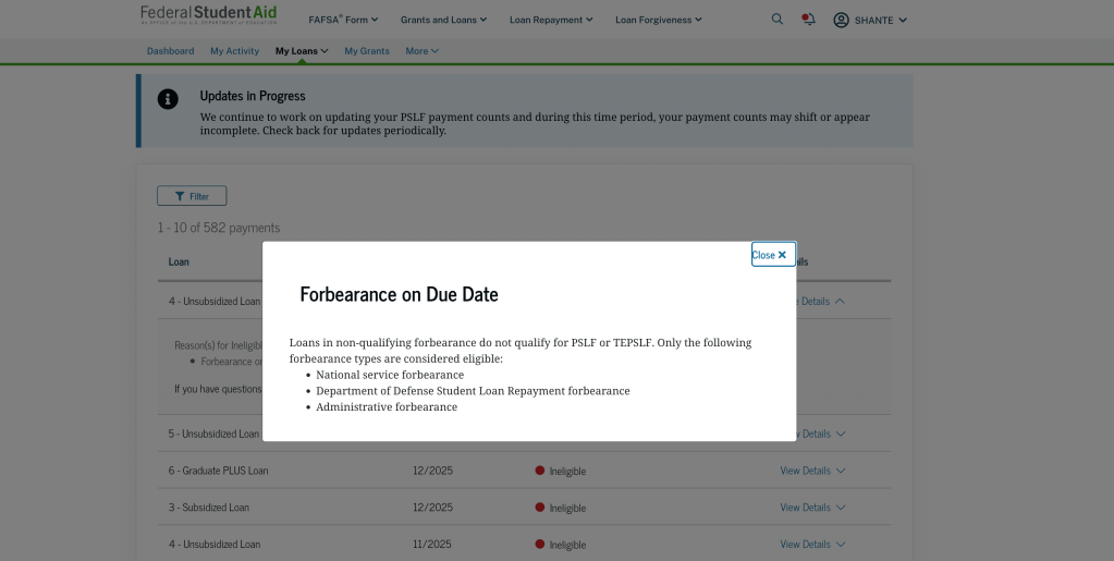 Screenshot of qualifying forbearance types on StudentAid.gov website